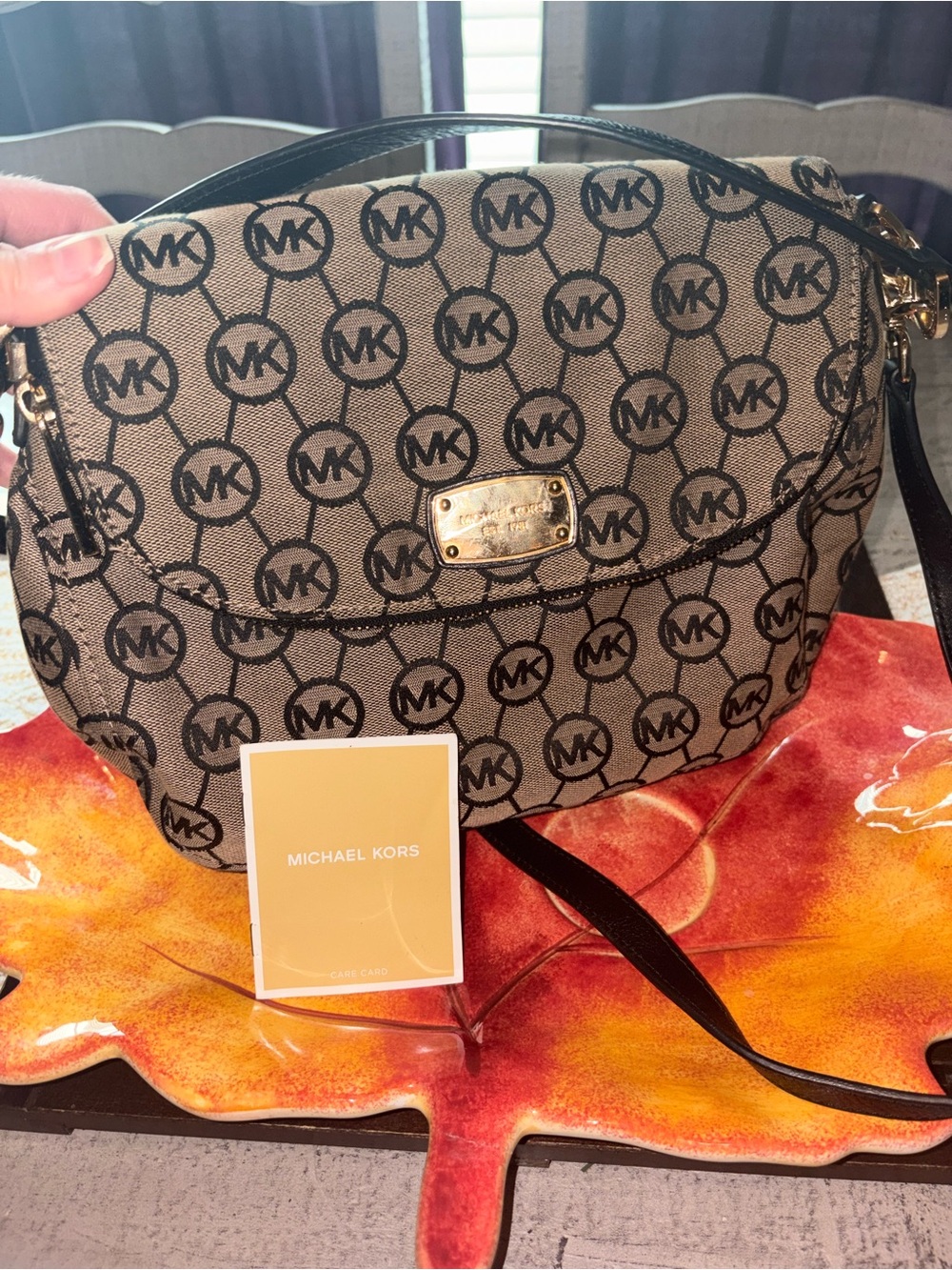 Michael Kors Tan and Black MK Logo Crossbody Bag